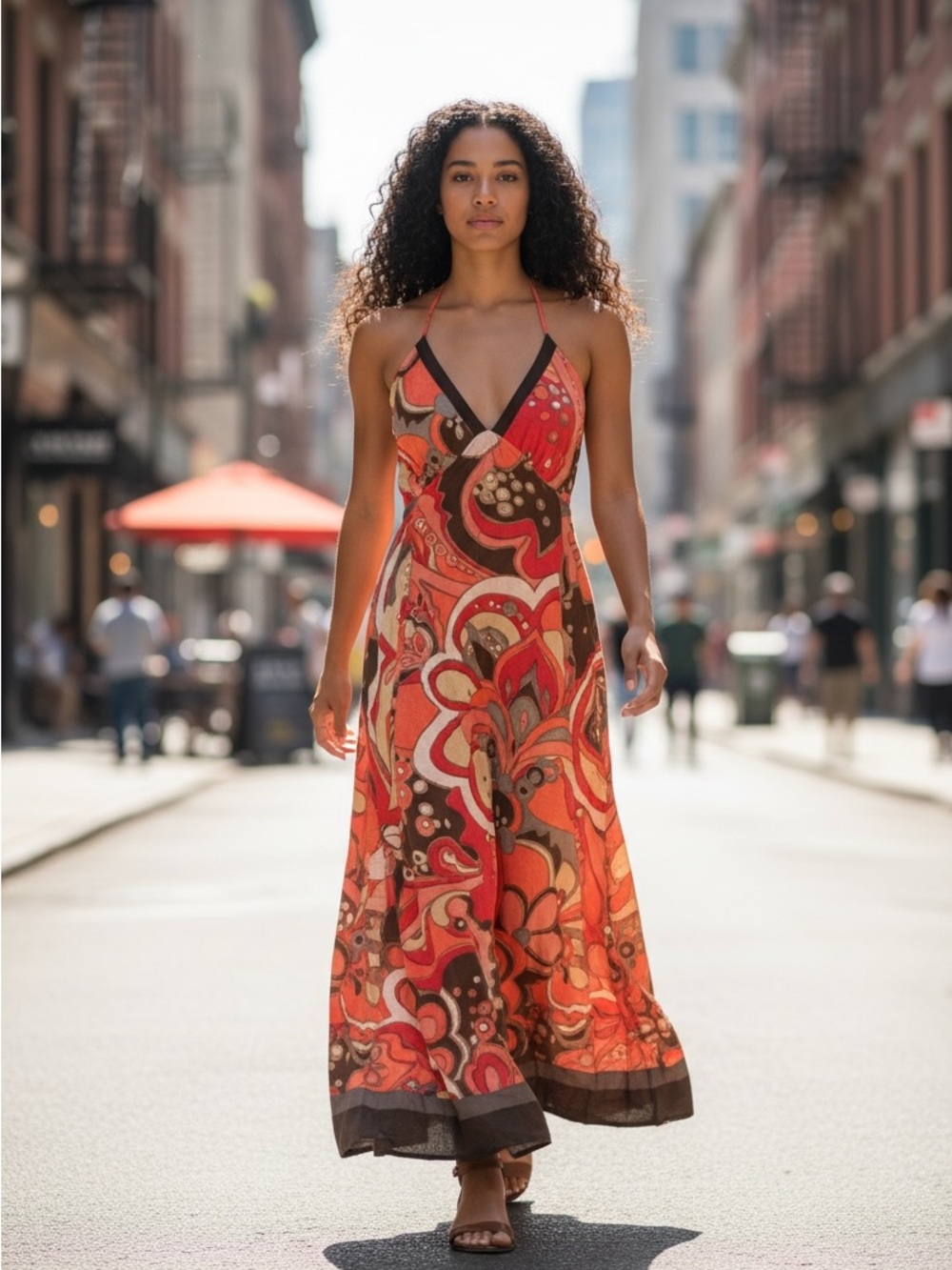 Floral Print Spaghetti Strap Maxi Dress in Coral and Brown